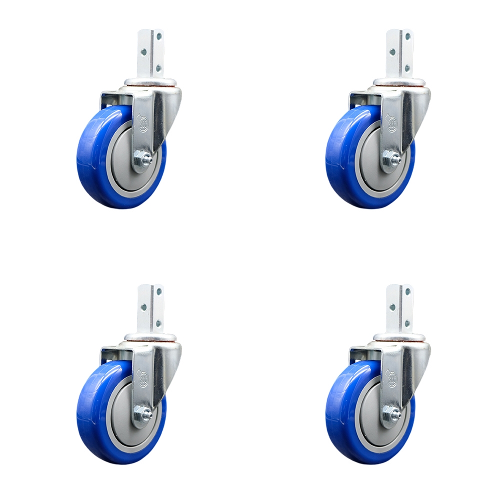 Swivel Square Stem Caster Set 4 w/4” x 1.25” Blue Polyurethane Wheel - 7/8” x 2” Square Stem with (3) 17/64” Diameter Mounting Holes - Includes 4 Swivel - 1400 lbs. Cpty/Caster - Service Caster Brand — photo 1