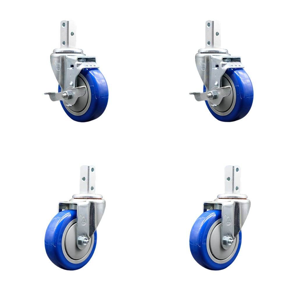 Swivel Square Stem Caster Set 4 w/4” x 1.25” Blue Poly Wheel - 7/8” x 2” Square Stem with (3) 17/64” Diameter Mounting Holes - Includes 2 Top Lock Brakes - 1400lbs. Cpty/Caster - Service Caster Brand — photo 1