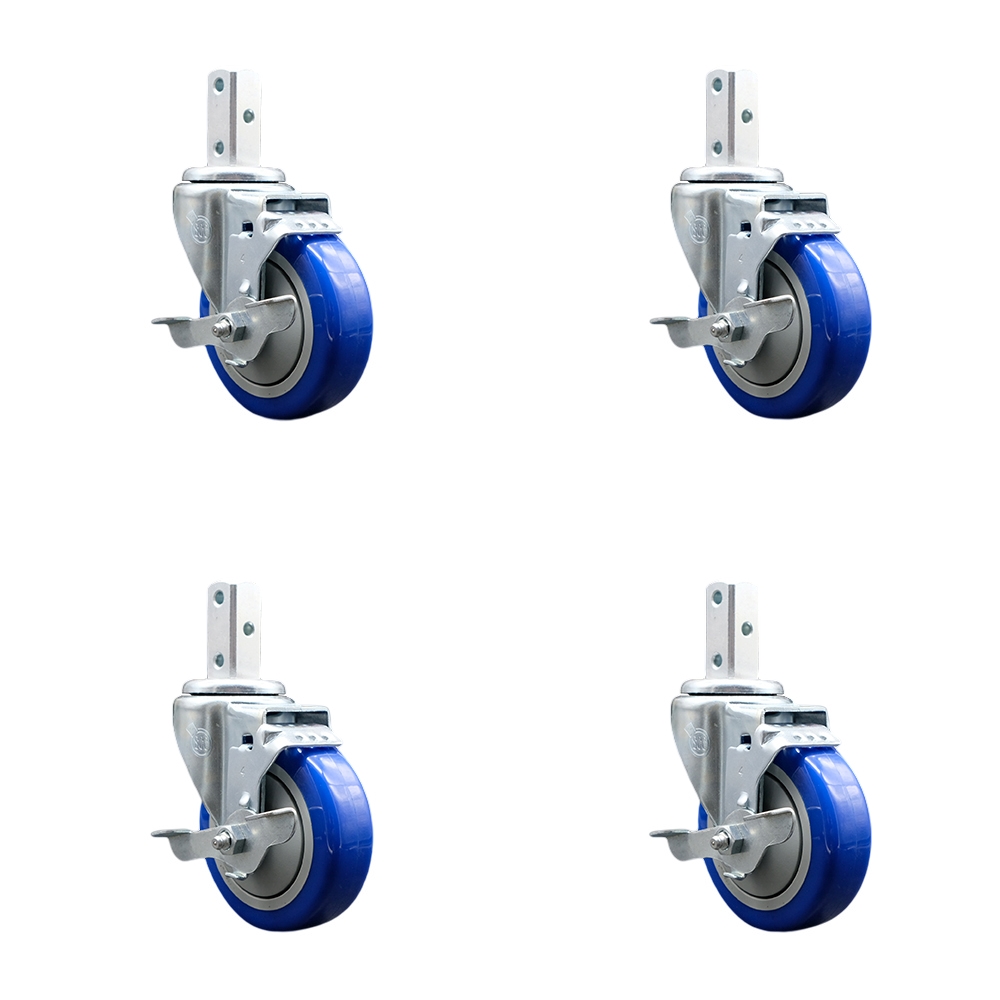 Swivel Square Stem Caster Set 4 w/4” x 1.25” Blue Poly Wheel - 7/8” x 2” Square Stem with (3) 17/64” Diameter Mounting Holes - Includes 4 Top Lock Brakes - 1400lbs. Cpty/Caster - Service Caster Brand — photo 1