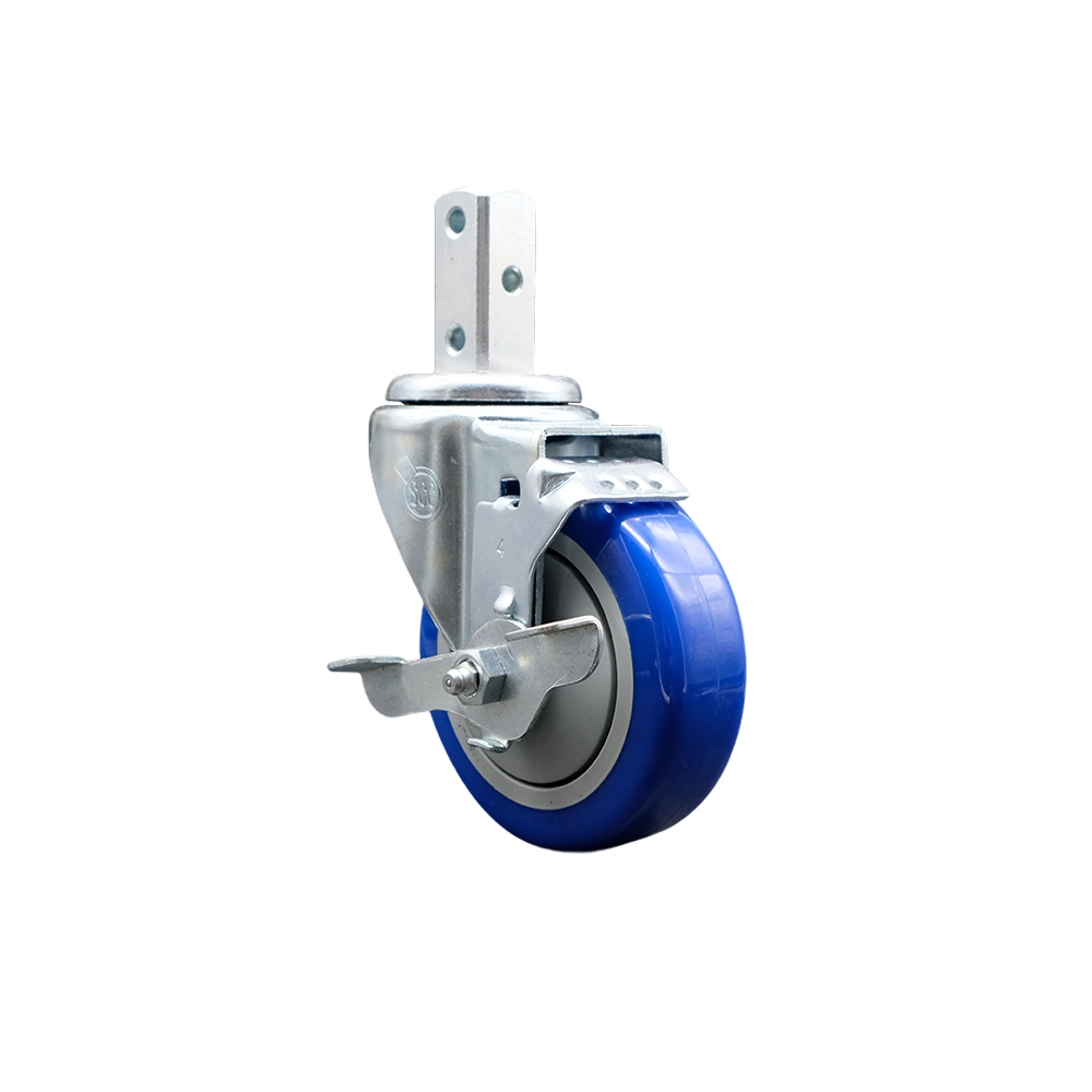 Swivel Square Stem Caster w/4” x 1.25” Blue Polyurethane Wheel – 7/8” x 2” Square Stem with (3) 17/64” Diameter Mounting Holes & Top Lock Brakes – 350 lbs. Capacity/Caster – Service Caster Brand — photo 1