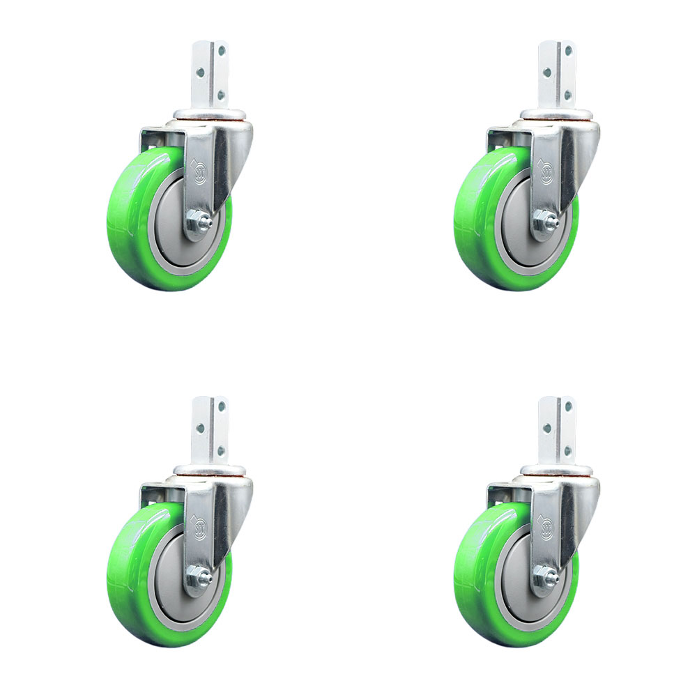 Swivel Square Stem Caster Set 4 w/4” x 1.25” Green Polyurethane Wheel - 3/4” x 2” Square Stem with (3) 17/64” Diameter Mounting Holes - Includes 4 Swivel - 1400 lbs. Cpty/Caster - Service Caster Brand — photo 1