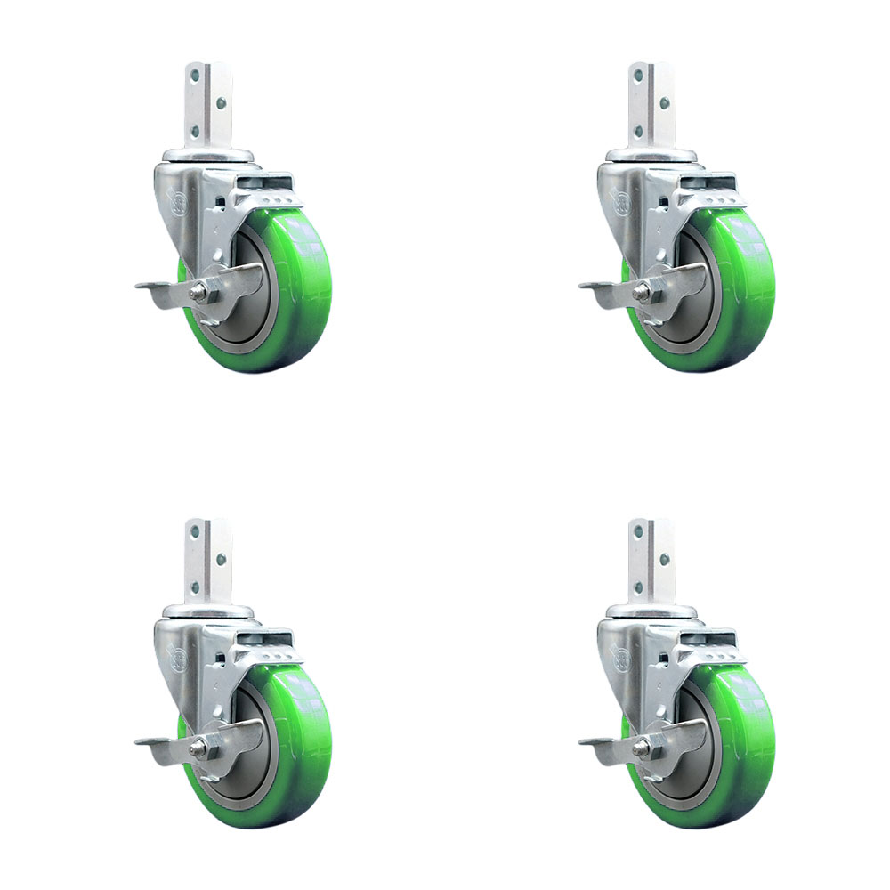 Swivel Square Stem Caster Set 4 w/4” x 1.25” Green Poly Wheel - 3/4” x 2” Square Stem with (3) 17/64” Diameter Mounting Holes - Includes 4 Top Lock Brakes - 1400lbs. Cpty/Caster - Service Caster Brand — photo 1
