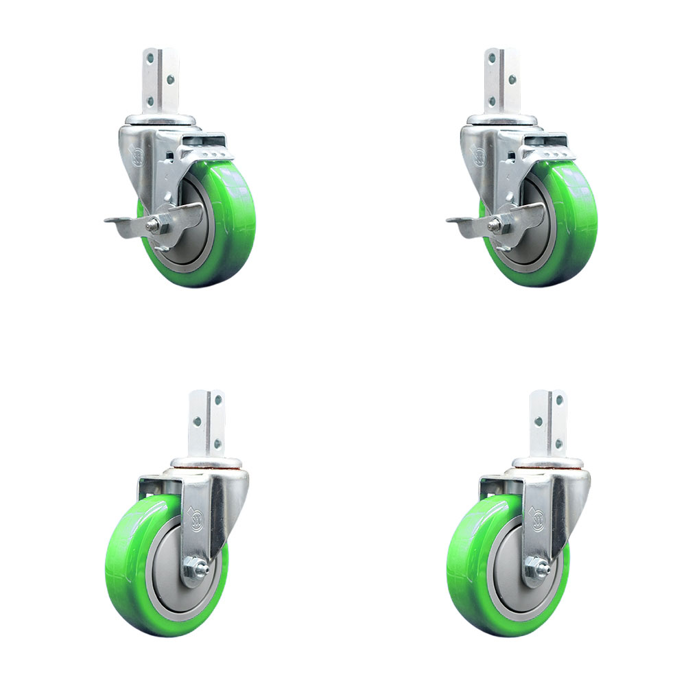 Swivel Square Stem Caster Set 4 w/4” x 1.25” Green Poly Wheel - 7/8” x 2” Square Stem with (3) 17/64” Diameter Mounting Holes - Includes 2 Top Lock Brakes - 1400lbs. Cpty/Caster - Service Caster Brand — photo 1