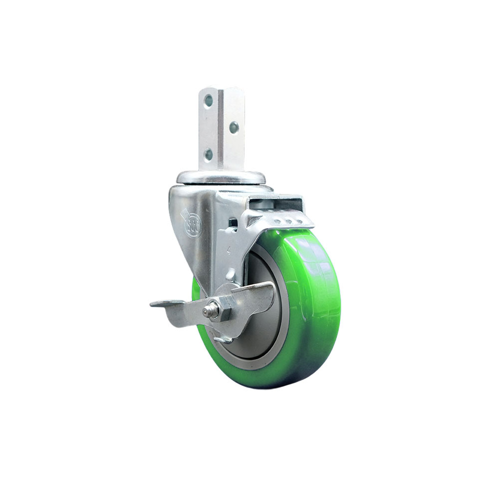 Swivel Square Stem Caster w/4” x 1.25” Green Polyurethane Wheel – 7/8” x 2” Square Stem with (3) 17/64” Diameter Mounting Holes & Top Lock Brakes – 350 lbs. Capacity/Caster – Service Caster Brand — photo 1