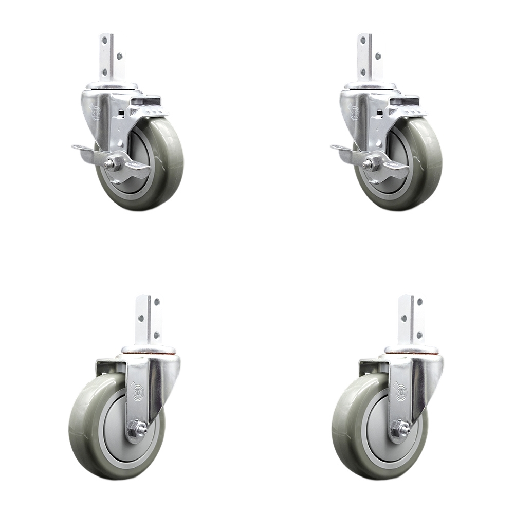 Swivel Square Stem Caster Set 4 w/4” x 1.25” Gray Poly Wheel - 7/8” x 2” Square Stem with (3) 17/64” Diameter Mounting Holes - Includes 2 Top Lock Brakes - 1400lbs. Cpty/Caster - Service Caster Brand — photo 1