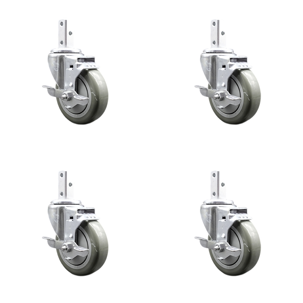 Swivel Square Stem Caster Set 4 w/4” x 1.25” Gray Poly Wheel - 7/8” x 2” Square Stem with (3) 17/64” Diameter Mounting Holes - Includes 4 Top Lock Brakes - 1400lbs. Cpty/Caster - Service Caster Brand — photo 1