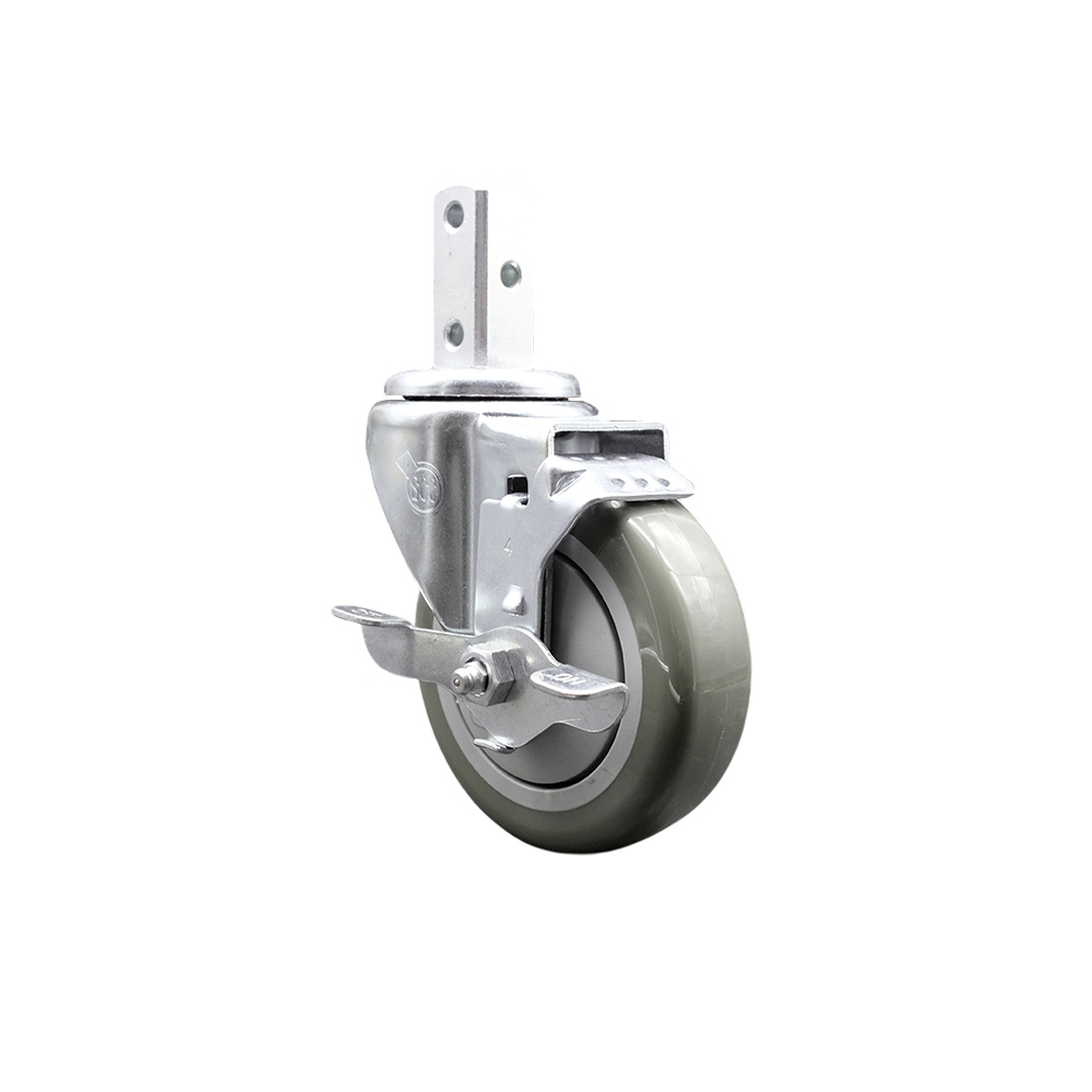 Swivel Square Stem Caster w/4” x 1.25” Gray Polyurethane Wheel – 7/8” x 2” Square Stem with (3) 17/64” Diameter Mounting Holes & Top Lock Brakes – 350 lbs. Capacity/Caster – Service Caster Brand — photo 1
