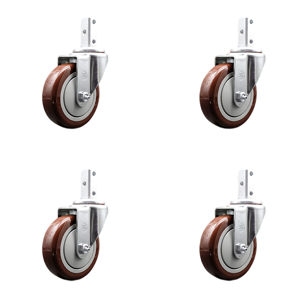 Swivel Square Stem Caster Set 4 w/4” x 1.25” Maroon Polyurethane Wheel - 7/8” x 2” Square Stem with (3) 17/64” Diameter Mounting Holes- Includes 4 Swivel - 1400 lbs. Cpty/Caster - Service Caster Brand — photo 1