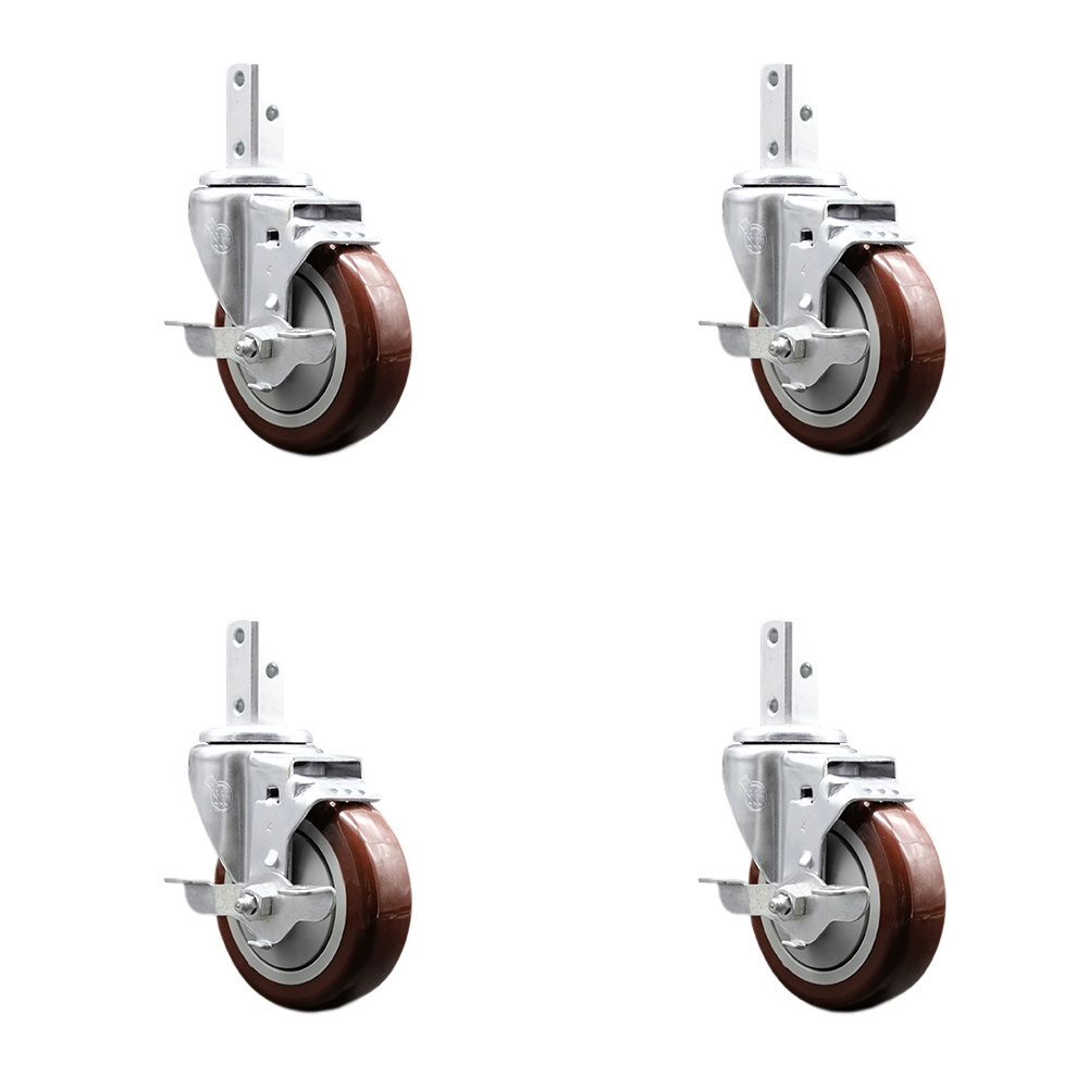 Swivel Square Stem Caster Set 4 w/4” x 1.25” Maroon Poly Wheel - 3/4” x 2” Square Stem with (3) 17/64” Diameter Mounting Holes- Includes 4 Top Lock Brakes - 1400lbs. Cpty/Caster - Service Caster Brand — photo 1