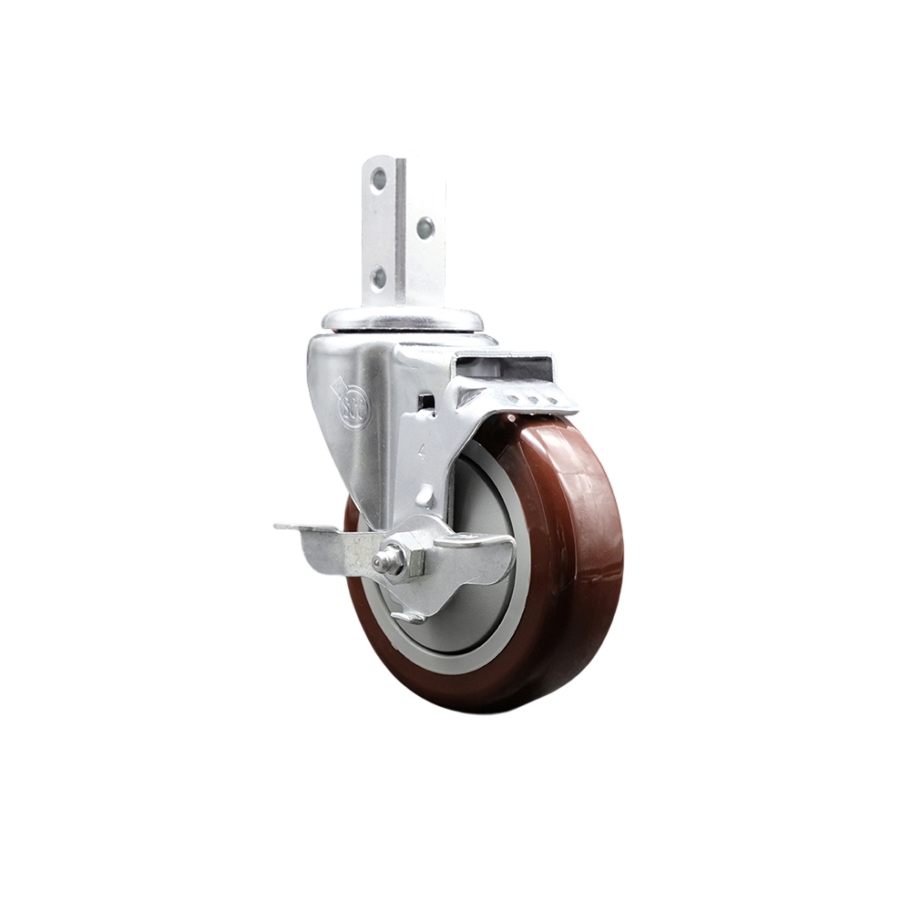 Swivel Square Stem Caster w/4” x 1.25” Maroon Polyurethane Wheel – 3/4” x 2” Square Stem with (3) 17/64” Diameter Mounting Holes & Top Lock Brakes – 350 lbs. Capacity/Caster – Service Caster Brand — photo 1