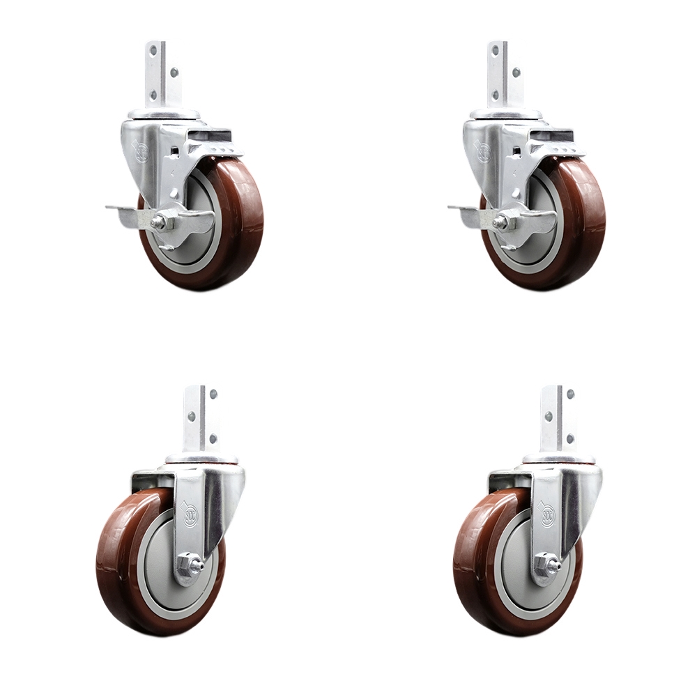 Swivel Square Stem Caster Set 4 w/4” x 1.25” Maroon Poly Wheel - 7/8” x 2” Square Stem with (3) 17/64” Diameter Mounting Holes- Includes 2 Top Lock Brakes - 1400lbs. Cpty/Caster - Service Caster Brand — photo 1