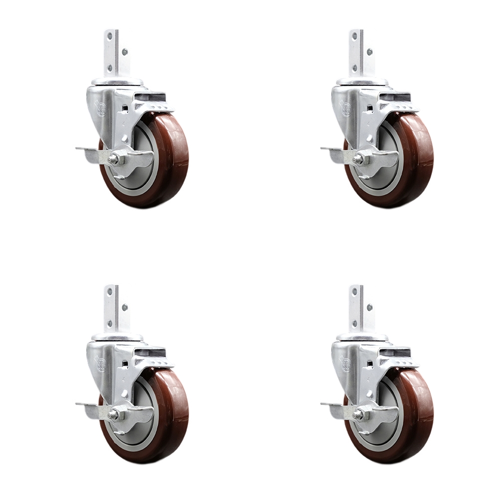 Swivel Square Stem Caster Set 4 w/4” x 1.25” Maroon Poly Wheel - 7/8” x 2” Square Stem with (3) 17/64” Diameter Mounting Holes- Includes 4 Top Lock Brakes - 1400lbs. Cpty/Caster - Service Caster Brand — photo 1