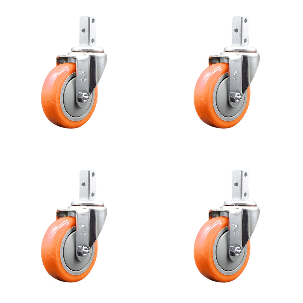 Swivel Square Stem Caster Set 4 w/4” x 1.25” Orange Polyurethane Wheel - 7/8” x 2” Square Stem with (3) 17/64” Diameter Mounting Holes - Includes 4 Swivel - 1400 lbs. Cpty/Caster- Service Caster Brand — photo 1