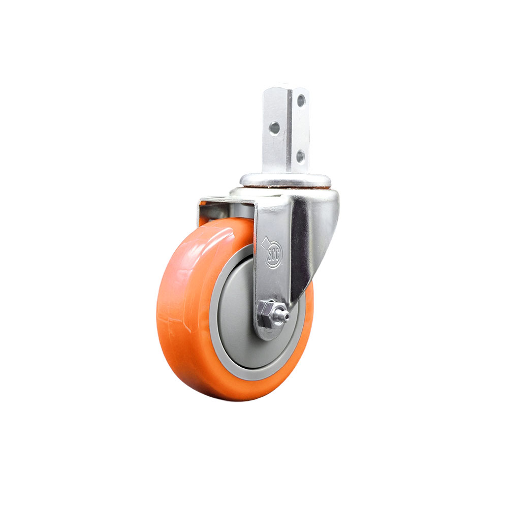 Swivel Square Stem Caster w/4” x 1.25” Orange Non-Marking Polyurethane Wheel – 7/8” x 2” Square Stem with (3) 17/64” Diameter Mounting Holes – 350 lbs. Capacity/Caster – Service Caster Brand — photo 1
