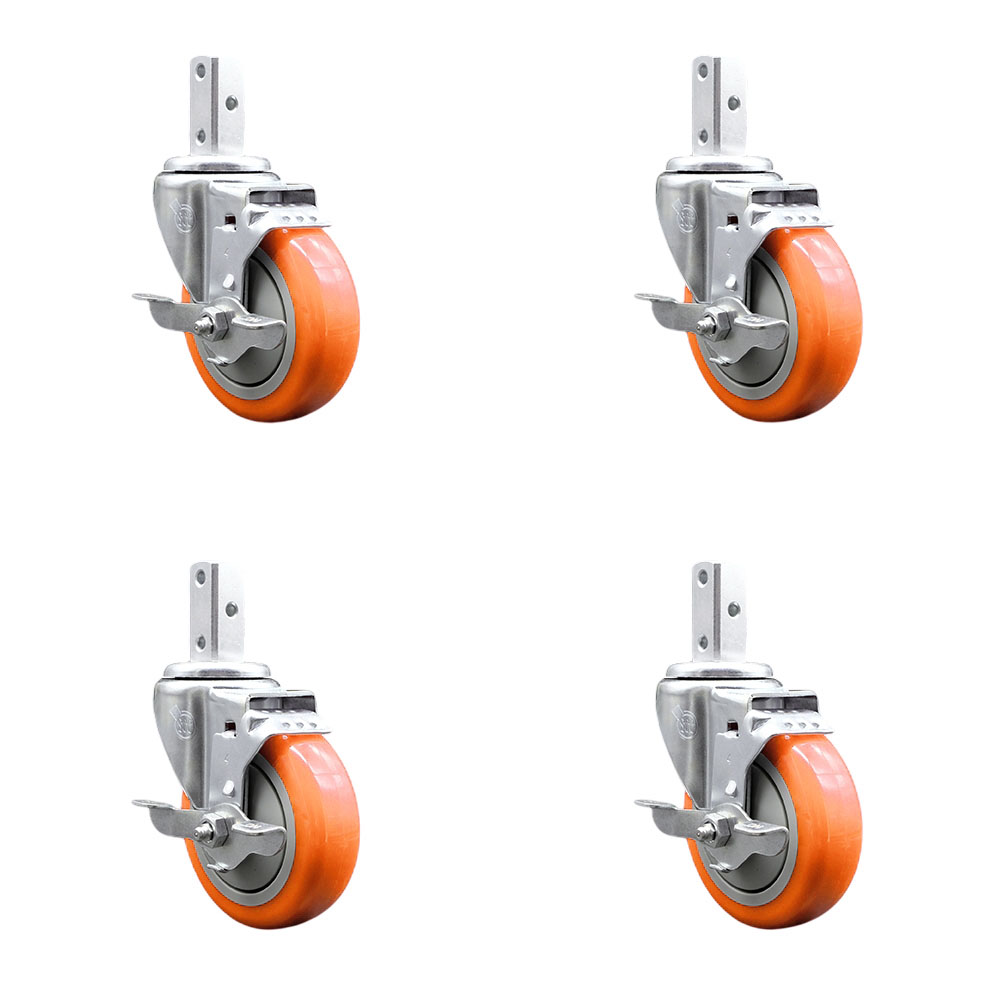 Swivel Square Stem Caster Set 4 w/4” x 1.25” Orange Poly Wheel - 3/4” x 2” Square Stem with (3) 17/64” Diameter Mounting Holes - Includes 4 Top Lock Brakes - 1400lbs. Cpty/Caster- Service Caster Brand — photo 1