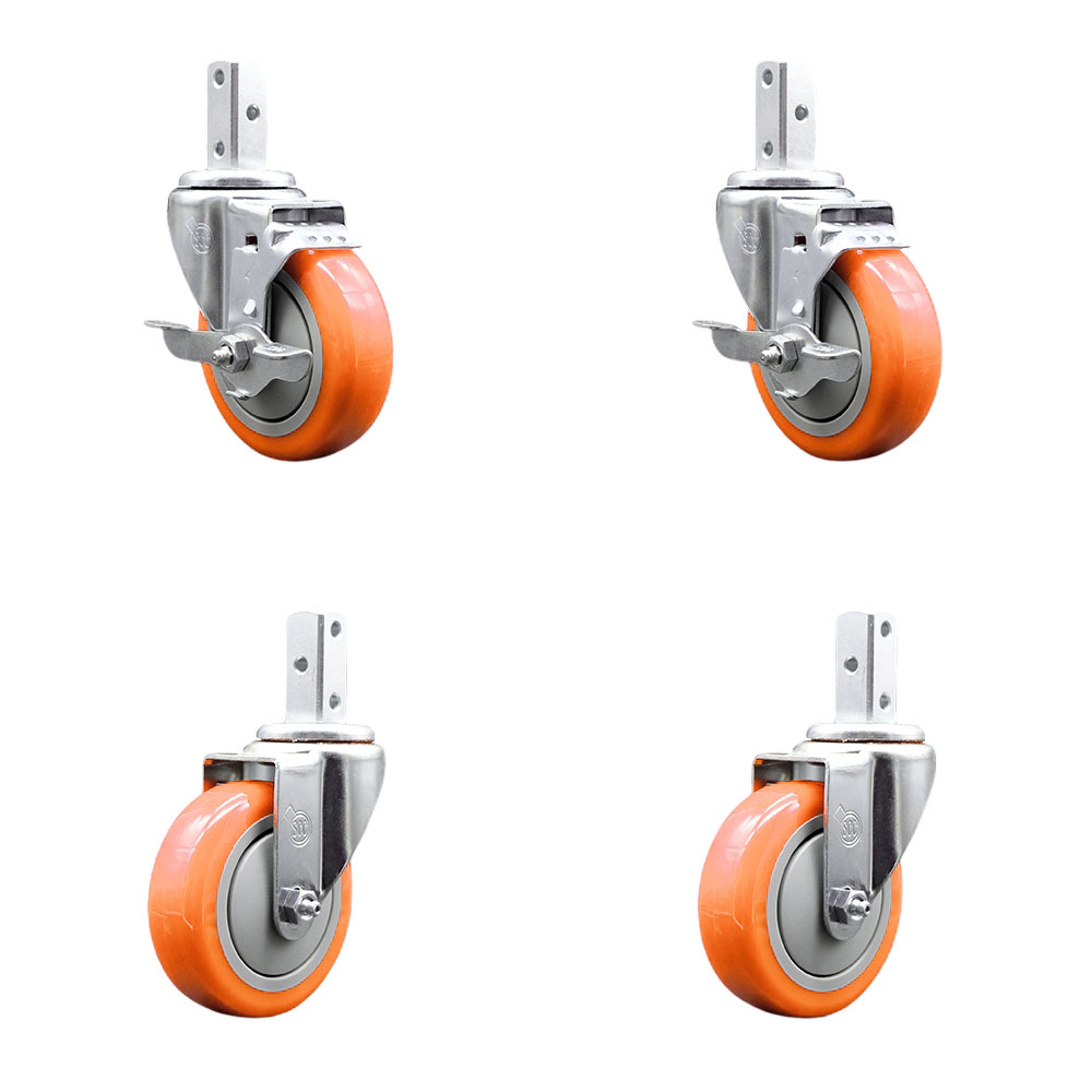 Swivel Square Stem Caster Set 4 w/4” x 1.25” Orange Poly Wheel - 7/8” x 2” Square Stem with (3) 17/64” Diameter Mounting Holes - Includes 2 Top Lock Brakes - 1400lbs. Cpty/Caster- Service Caster Brand — photo 1