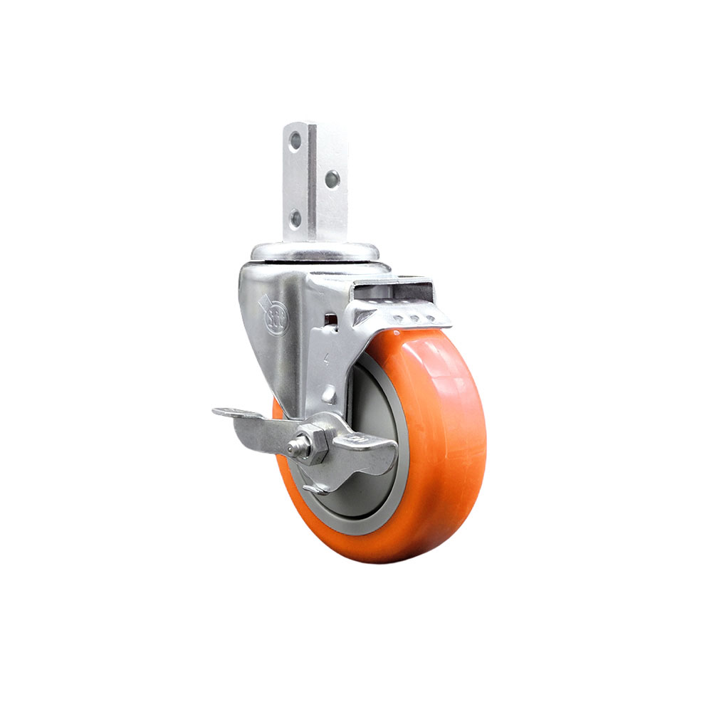 Swivel Square Stem Caster w/4” x 1.25” Orange Polyurethane Wheel – 7/8” x 2” Square Stem with (3) 17/64” Diameter Mounting Holes & Top Lock Brakes – 350 lbs. Capacity/Caster – Service Caster Brand — photo 1