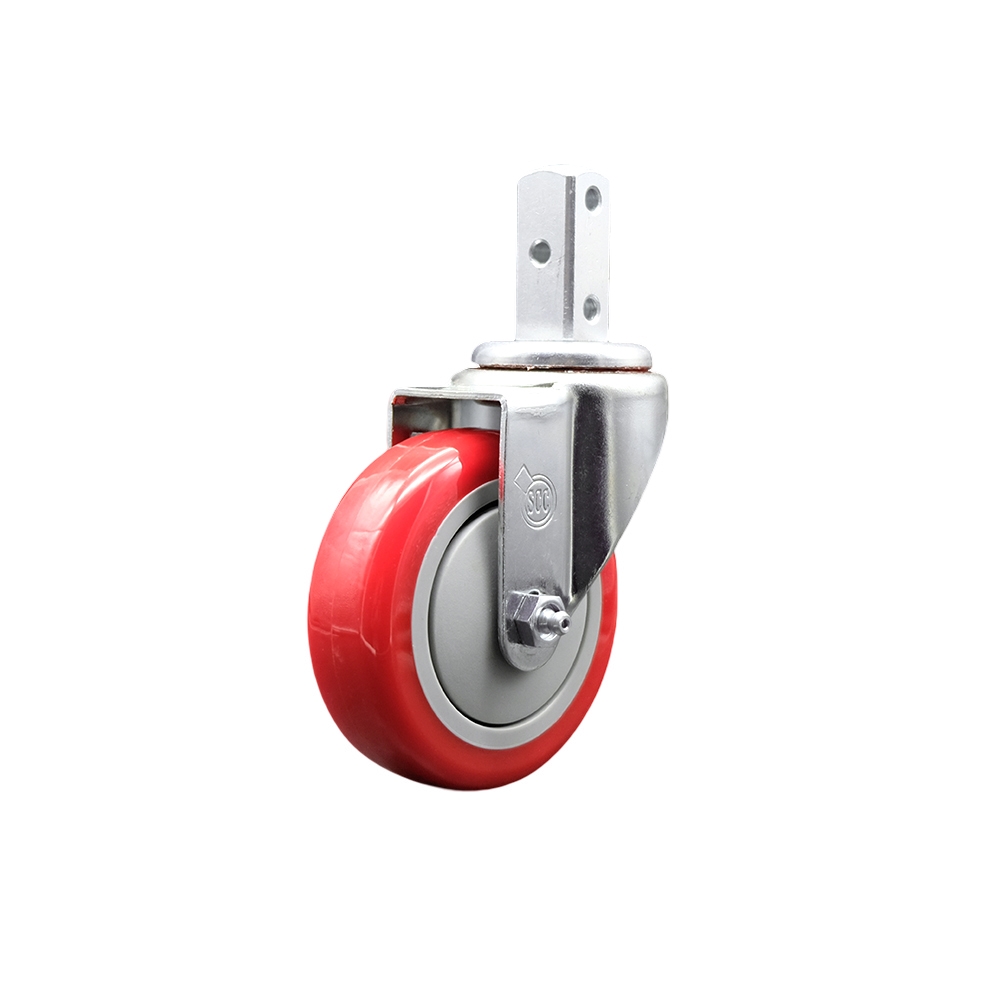 Swivel Square Stem Caster w/4” x 1.25” Red Non-Marking Polyurethane Wheel – 3/4” x 2” Square Stem with (3) 17/64” Diameter Mounting Holes – 350 lbs. Capacity/Caster – Service Caster Brand — photo 1