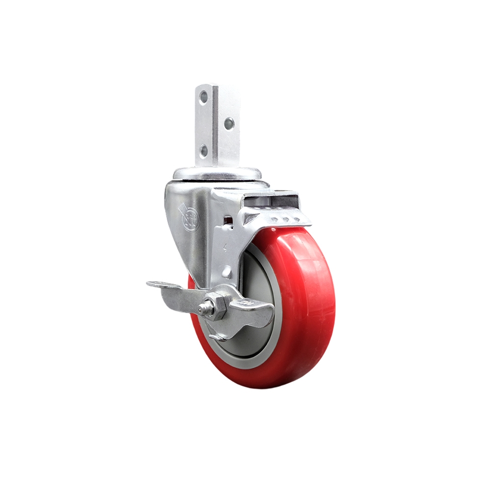 Swivel Square Stem Caster w/4” x 1.25” Red Polyurethane Wheel – 3/4” x 2” Square Stem with (3) 17/64” Diameter Mounting Holes & Top Lock Brakes – 350 lbs. Capacity/Caster – Service Caster Brand — photo 1