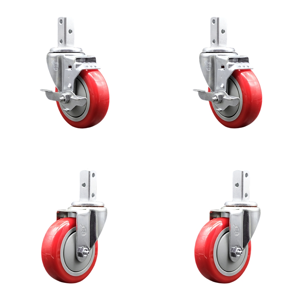 Swivel Square Stem Caster Set 4 w/4” x 1.25” Red Poly Wheel - 7/8” x 2” Square Stem with (3) 17/64” Diameter Mounting Holes - Includes 2 Top Lock Brakes - 1400lbs. Cpty/Caster - Service Caster Brand — photo 1