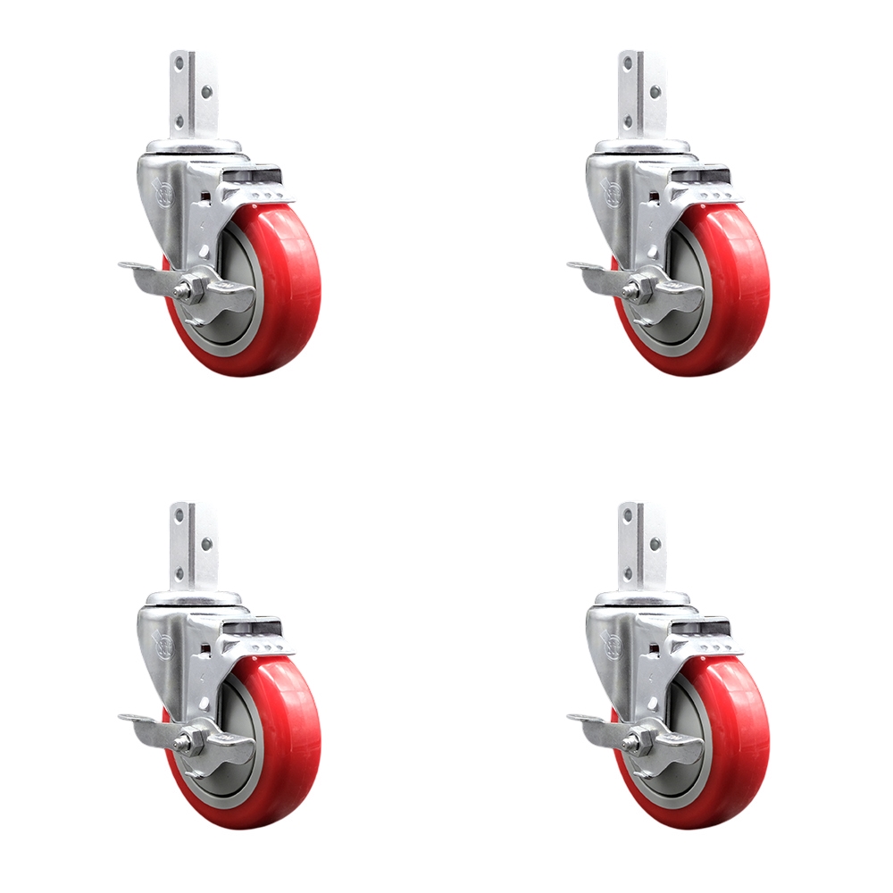 Swivel Square Stem Caster Set 4 w/4” x 1.25” Red Poly Wheel - 7/8” x 2” Square Stem with (3) 17/64” Diameter Mounting Holes - Includes 4 Top Lock Brakes - 1400lbs. Cpty/Caster - Service Caster Brand — photo 1