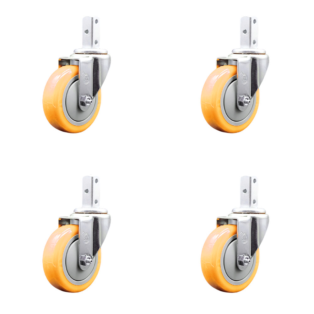 Swivel Square Stem Caster Set 4 w/4” x 1.25” Yellow Polyurethane Wheel - 7/8” x 2” Square Stem with (3) 17/64” Diameter Mounting Holes - Includes 4 Swivel- 1400 lbs. Cpty/Caster - Service Caster Brand — photo 1