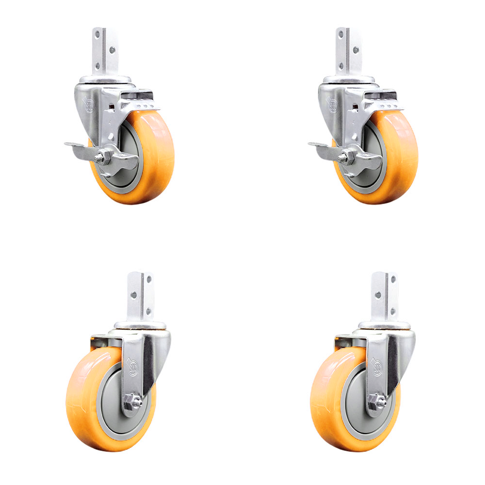 Swivel Square Stem Caster Set 4 w/4” x 1.25” Yellow Poly Wheel - 3/4” x 2” Square Stem with (3) 17/64” Diameter Mounting Holes - Includes 2 Top Lock Brakes- 1400lbs. Cpty/Caster - Service Caster Brand — photo 1