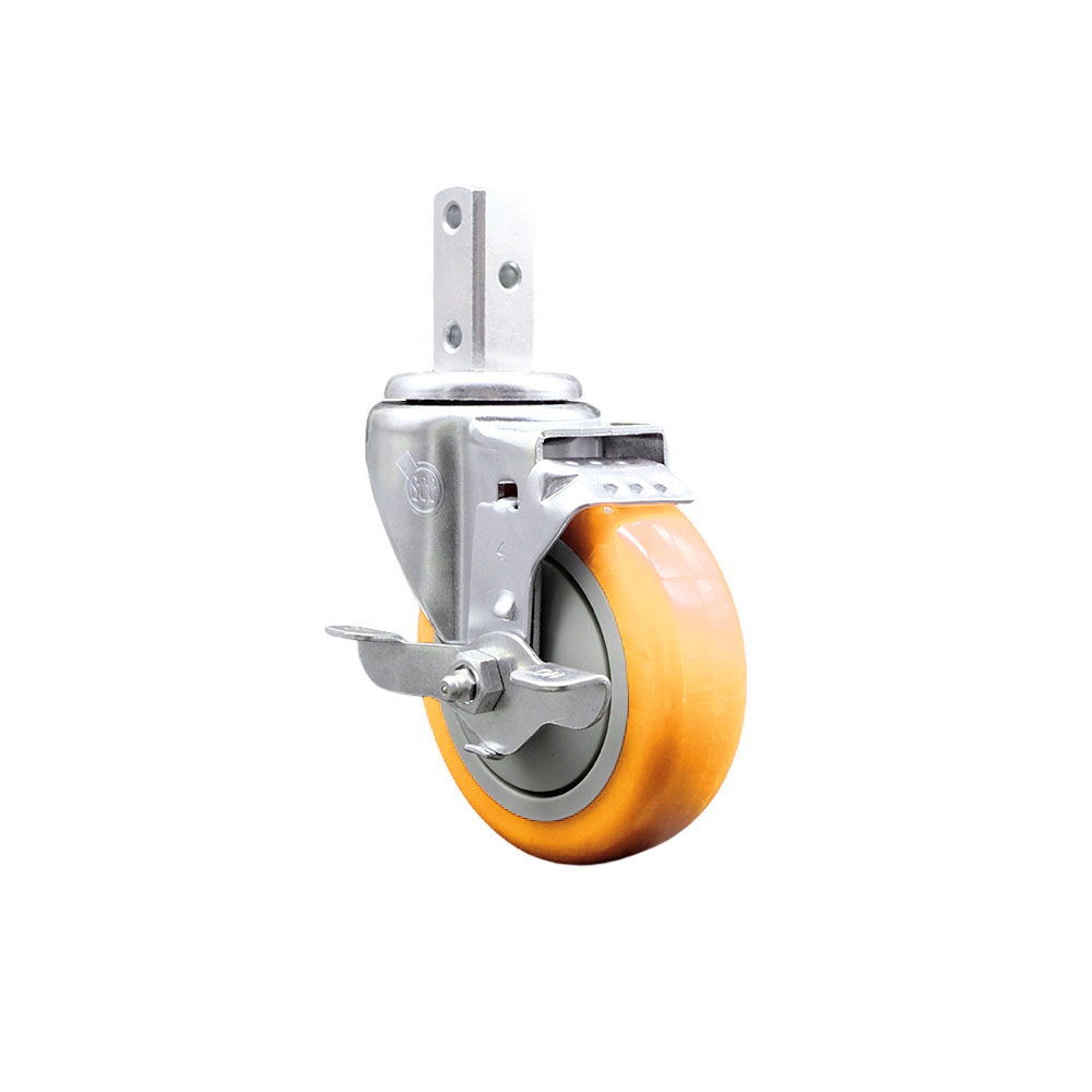 Swivel Square Stem Caster w/4” x 1.25” Yellow Polyurethane Wheel – 3/4” x 2” Square Stem with (3) 17/64” Diameter Mounting Holes & Top Lock Brakes – 350 lbs. Capacity/Caster – Service Caster Brand — photo 1
