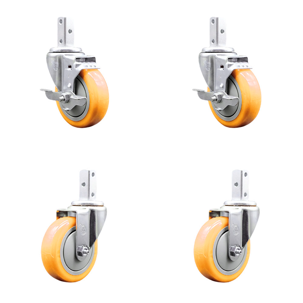 Swivel Square Stem Caster Set 4 w/4” x 1.25” Yellow Poly Wheel - 7/8” x 2” Square Stem with (3) 17/64” Diameter Mounting Holes - Includes 2 Top Lock Brakes- 1400lbs. Cpty/Caster - Service Caster Brand — photo 1