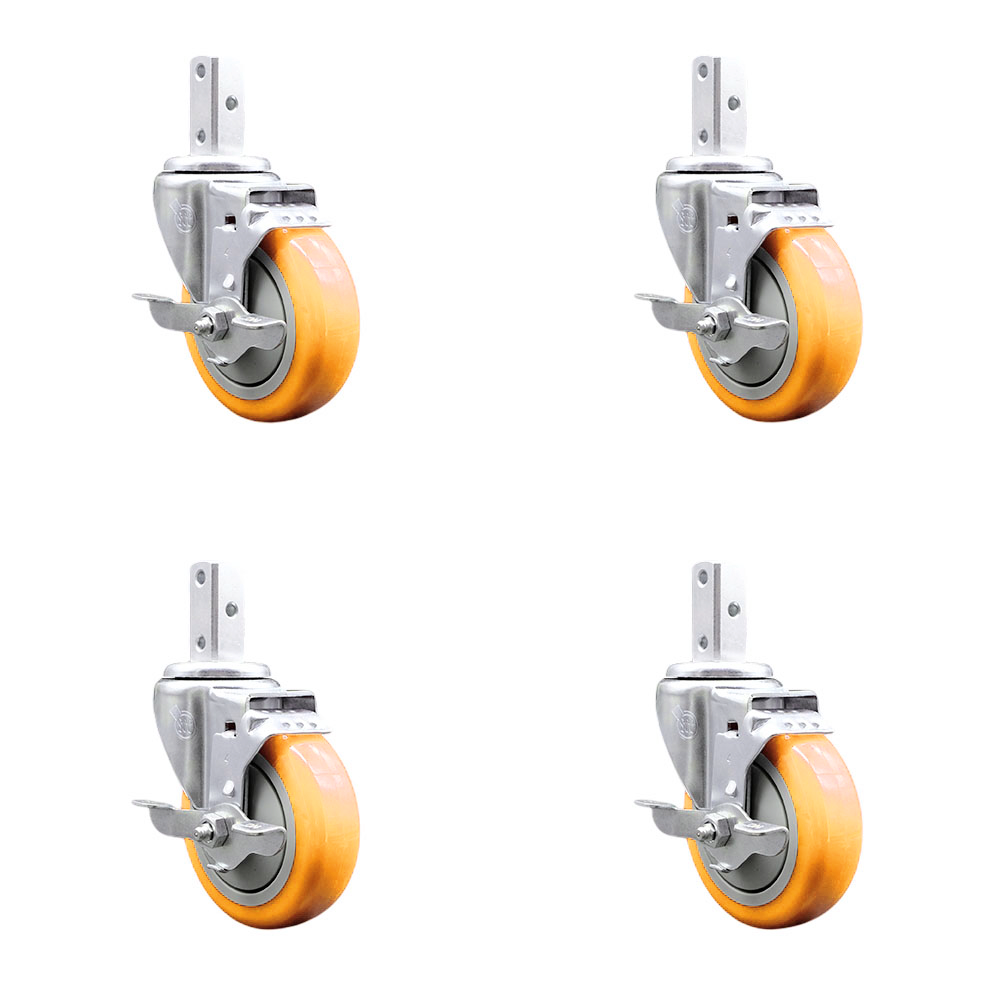 Swivel Square Stem Caster Set 4 w/4” x 1.25” Yellow Poly Wheel - 7/8” x 2” Square Stem with (3) 17/64” Diameter Mounting Holes - Includes 4 Top Lock Brakes- 1400lbs. Cpty/Caster - Service Caster Brand — photo 1