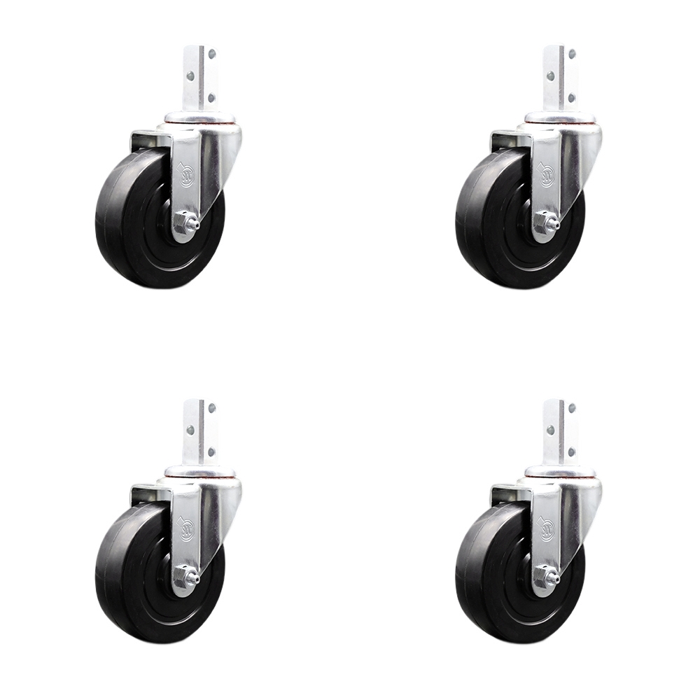 Swivel Square Stem Caster Set 4 w/4” x 1.25” Black Soft Rubber Wheel - 7/8” x 2” Square Stem with (3) 17/64” Diameter Mounting Holes - Includes 4 Swivel - 800 lbs. Cpty/Caster - Service Caster Brand — photo 1