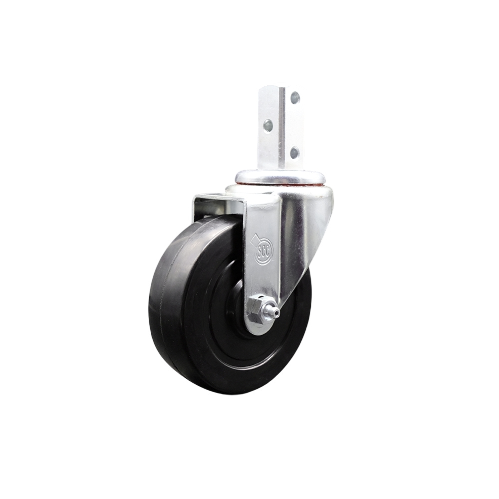 Swivel Square Stem Caster w/4” x 1.25” Black Soft Rubber Wheel – 7/8” x 2” Square Stem with (3) 17/64” Diameter Mounting Holes – 200 lbs. Capacity/Caster – Service Caster Brand — photo 1