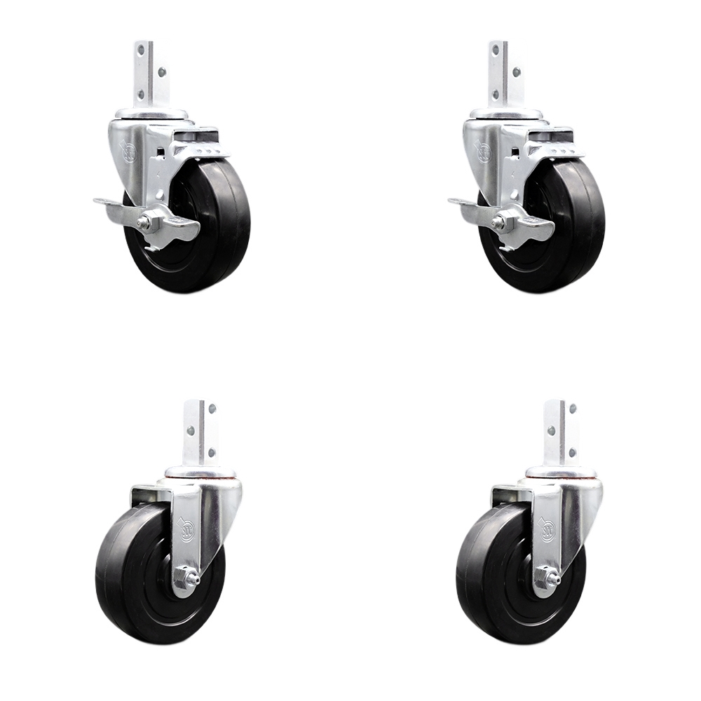Swivel Square Stem Caster Set 4 w/4” x 1.25” Black Soft Rubber Wheel-3/4” x 2” Square Stem with (3) 17/64” Diameter Mounting Holes-Includes 2 Top Lock Brakes-800lbs. Cpty/Caster - Service Caster Brand — photo 1