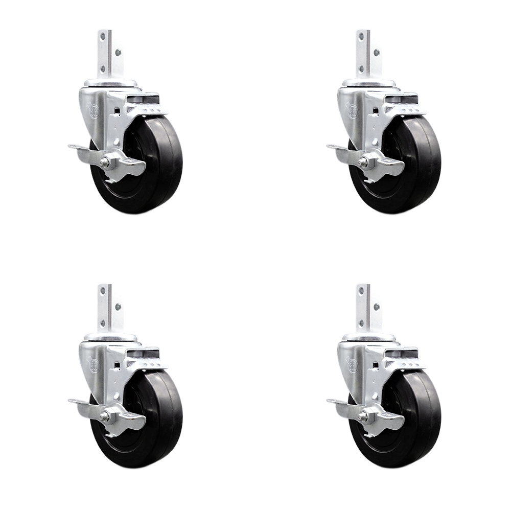 Swivel Square Stem Caster Set 4 w/4” x 1.25” Black Soft Rubber Wheel-3/4” x 2” Square Stem with (3) 17/64” Diameter Mounting Holes-Includes 4 Top Lock Brakes-800lbs. Cpty/Caster - Service Caster Brand — photo 1