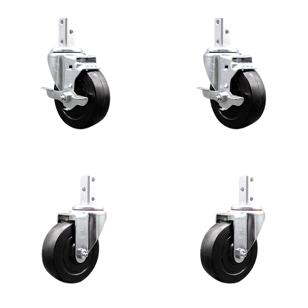 Swivel Square Stem Caster Set 4 w/4” x 1.25” Black Soft Rubber Wheel-7/8” x 2” Square Stem with (3) 17/64” Diameter Mounting Holes-Includes 2 Top Lock Brakes-800lbs. Cpty/Caster - Service Caster Brand — photo 1