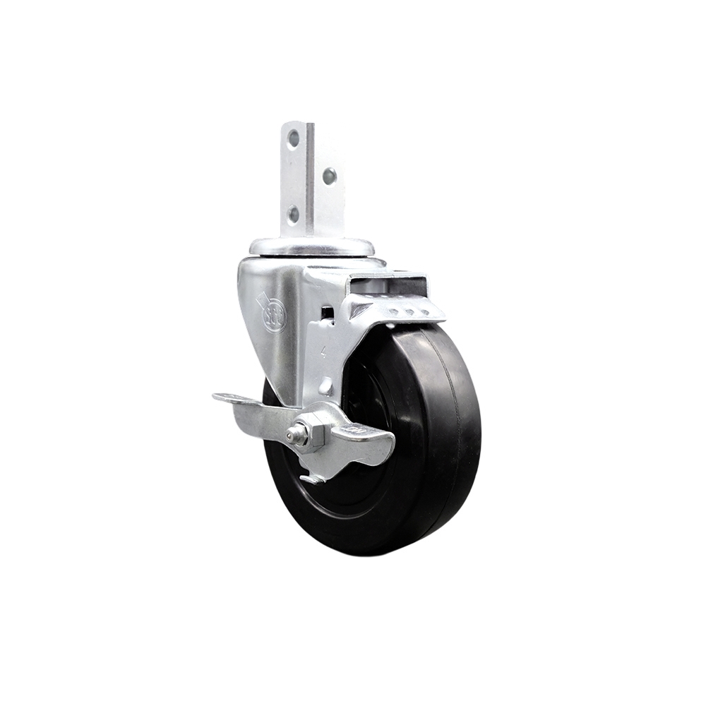 Swivel Square Stem Caster w/4” x 1.25” Black Soft Rubber Wheel – 7/8” x 2” Square Stem with (3) 17/64” Diameter Mounting Holes & Top Lock Brakes – 200 lbs. Capacity/Caster – Service Caster Brand — photo 1