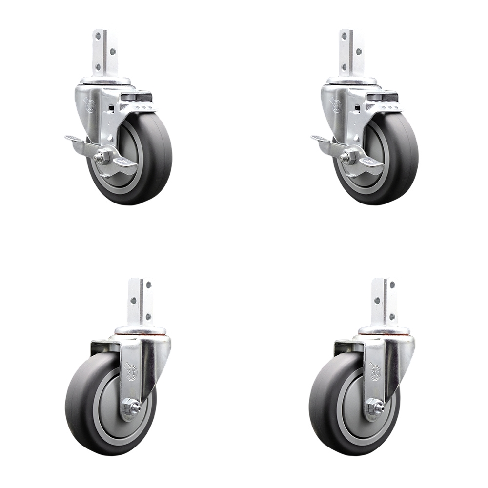 Swivel Square Stem Caster Set 4 w/4” x 1.25” Gray Thermoplastic Rubber Wheel - 3/4” x 2” Square Stem with (3) 17/64” Diameter Mounting Holes - Includes 2 Top Lock Brakes - Service Caster Brand — photo 1