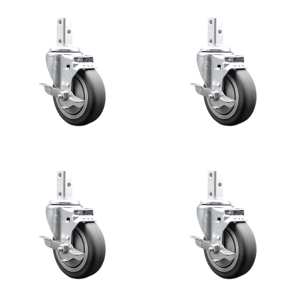 Swivel Square Stem Caster Set 4 w/4” x 1.25” Gray Thermoplastic Rubber Wheel - 3/4” x 2” Square Stem with (3) 17/64” Diameter Mounting Holes - Includes 4 Top Lock Brakes - Service Caster Brand — photo 1