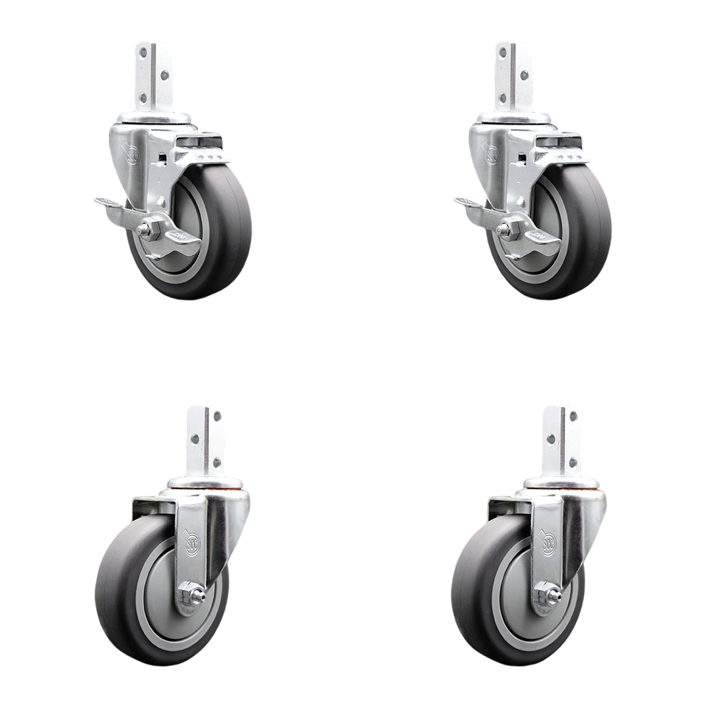 Swivel Square Stem Caster Set 4 w/4” x 1.25” Gray Thermoplastic Rubber Wheel - 7/8” x 2” Square Stem with (3) 17/64” Diameter Mounting Holes - Includes 2 Top Lock Brakes - Service Caster Brand — photo 1