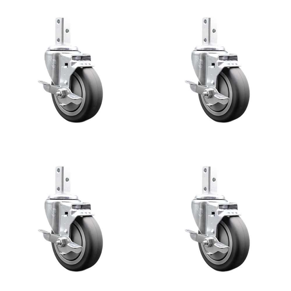 Swivel Square Stem Caster Set 4 w/4” x 1.25” Gray Thermoplastic Rubber Wheel - 7/8” x 2” Square Stem with (3) 17/64” Diameter Mounting Holes - Includes 4 Top Lock Brakes - Service Caster Brand — photo 1