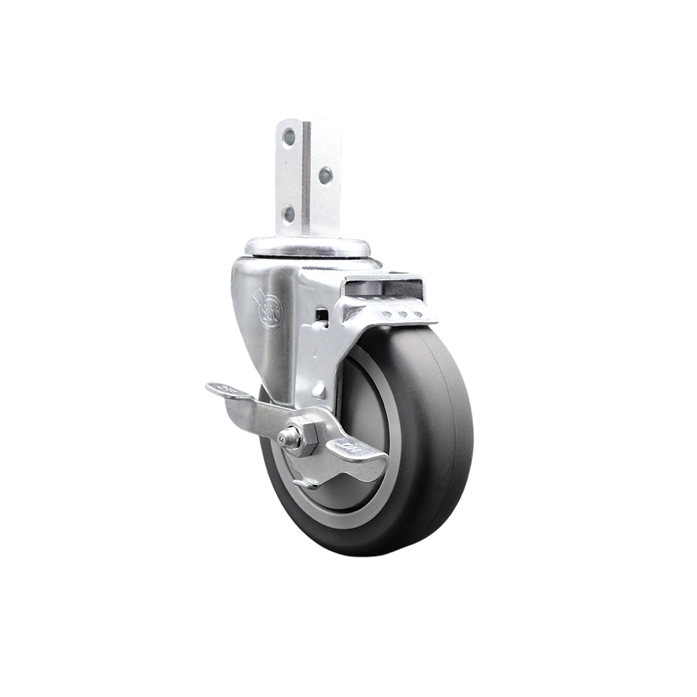 Swivel Square Stem Caster w/4” x 1.25” Gray Thermoplastic Rubber Wheel – 7/8” x 2” Square Stem with (3) 17/64” Diameter Mounting Holes&Top Lock Brakes – 250 lbs. Capacity/Caster – Service Caster Brand — photo 1