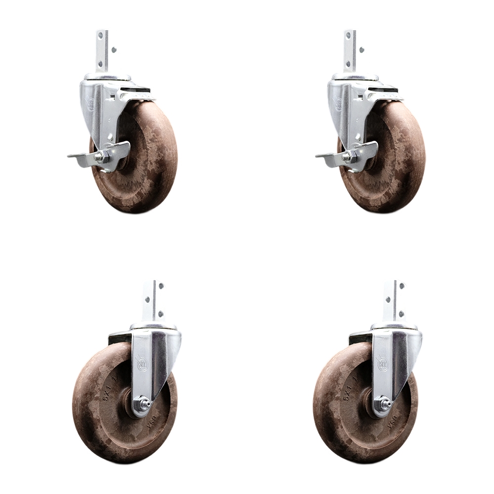 Swivel Square Stem Caster Set 4 w/5” x 1.25” Brown Glass Filled Nylon Wheel-3/4” x 2” Square Stem with (3) 17/64” Diameter Mounting Hole-Include 2 Top Lck BRK-1400lbs. Cpty/Caster-Service Caster Brand — photo 1
