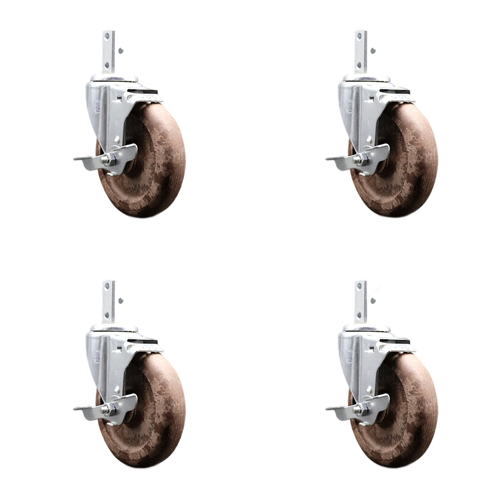 Swivel Square Stem Caster Set 4 w/5” x 1.25” Brown Glass Filled Nylon Wheel-3/4” x 2” Square Stem with (3) 17/64” Diameter Mounting Hole-Include 4 Top Lck BRK-1400lbs. Cpty/Caster-Service Caster Brand — photo 1