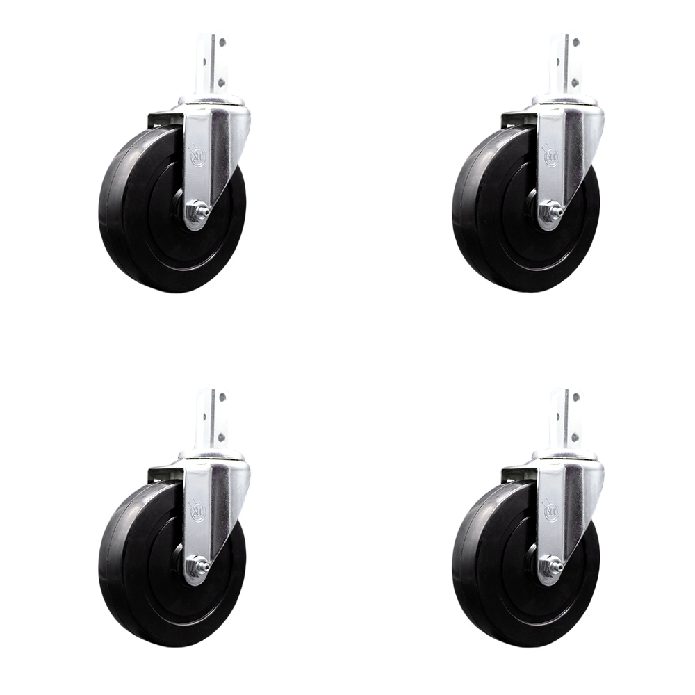 Swivel Square Stem Caster Set 4 w/5” x 1.25” Black Hard Rubber Wheel - 3/4” x 2” Square Stem with (3) 17/64” Diameter Mounting Holes - Includes 4 Swivel - 1200 lbs. Cpty/Caster - Service Caster Brand — photo 1