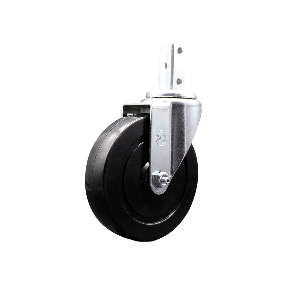 Swivel Square Stem Caster w/5” x 1.25” Black Hard Rubber Wheel – 3/4” x 2” Square Stem with (3) 17/64” Diameter Mounting Holes – 300 lbs. Capacity/Caster – Service Caster Brand — photo 1