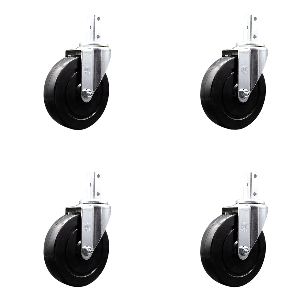 Swivel Square Stem Caster Set 4 w/5” x 1.25” Black Hard Rubber Wheel - 7/8” x 2” Square Stem with (3) 17/64” Diameter Mounting Holes - Includes 4 Swivel - 1200 lbs. Cpty/Caster - Service Caster Brand — photo 1