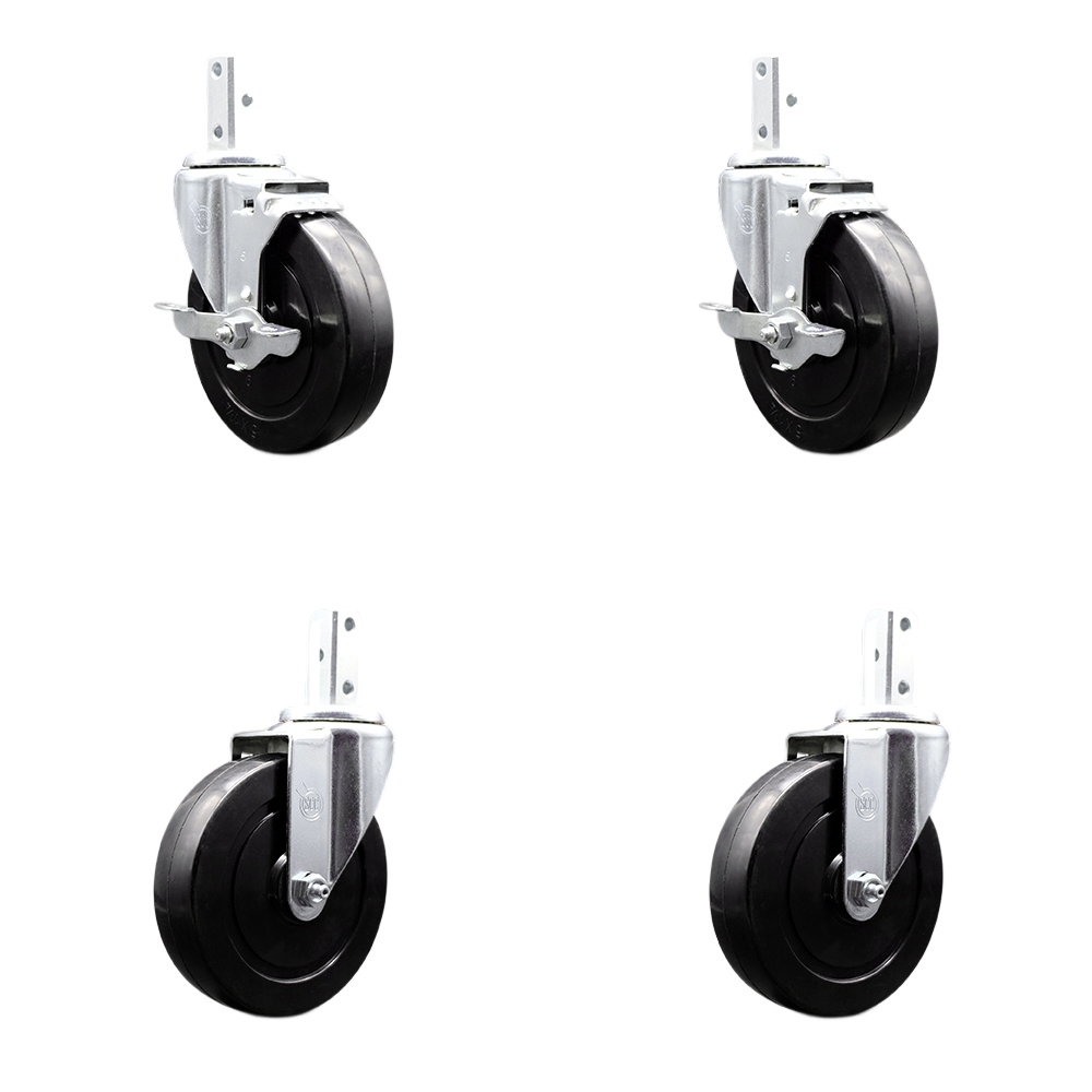 Swivel Square Stem Caster Set 4 w/5” x 1.25” Black Hard Rubber Wheel-3/4” x 2” Square Stem with (3) 17/64” Diameter Mounting Holes-Includes 2 Top Lck Brakes-1200lbs. Cpty/Caster - Service Caster Brand — photo 1