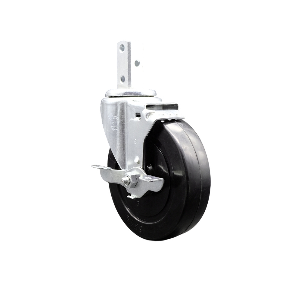 Swivel Square Stem Caster w/5” x 1.25” Black Hard Rubber Wheel – 3/4” x 2” Square Stem with (3) 17/64” Diameter Mounting Holes & Top Lock Brakes – 300 lbs. Capacity/Caster – Service Caster Brand — photo 1