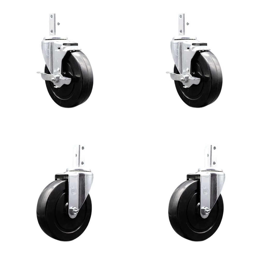 Swivel Square Stem Caster Set 4 w/5” x 1.25” Black Hard Rubber Wheel-7/8” x 2” Square Stem with (3) 17/64” Diameter Mounting Holes-Includes 2 Top Lck Brakes-1200lbs. Cpty/Caster - Service Caster Brand — photo 1