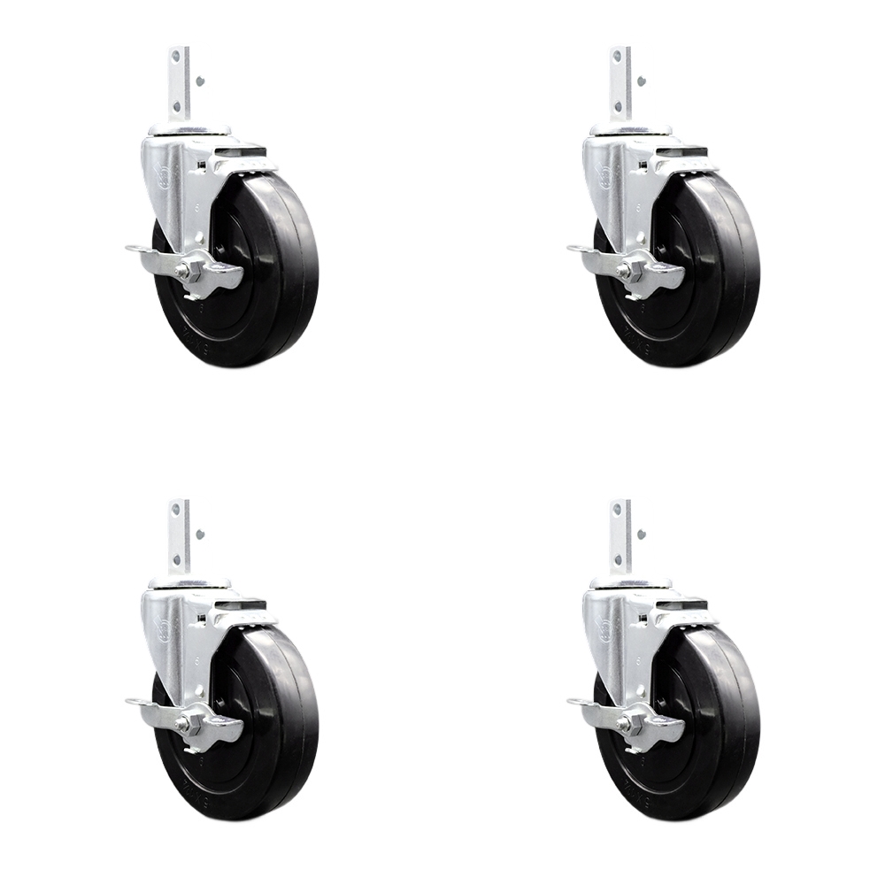 Swivel Square Stem Caster Set 4 w/5” x 1.25” Black Hard Rubber Wheel-7/8” x 2” Square Stem with (3) 17/64” Diameter Mounting Holes-Includes 4 Top Lck Brakes-1200lbs. Cpty/Caster - Service Caster Brand — photo 1
